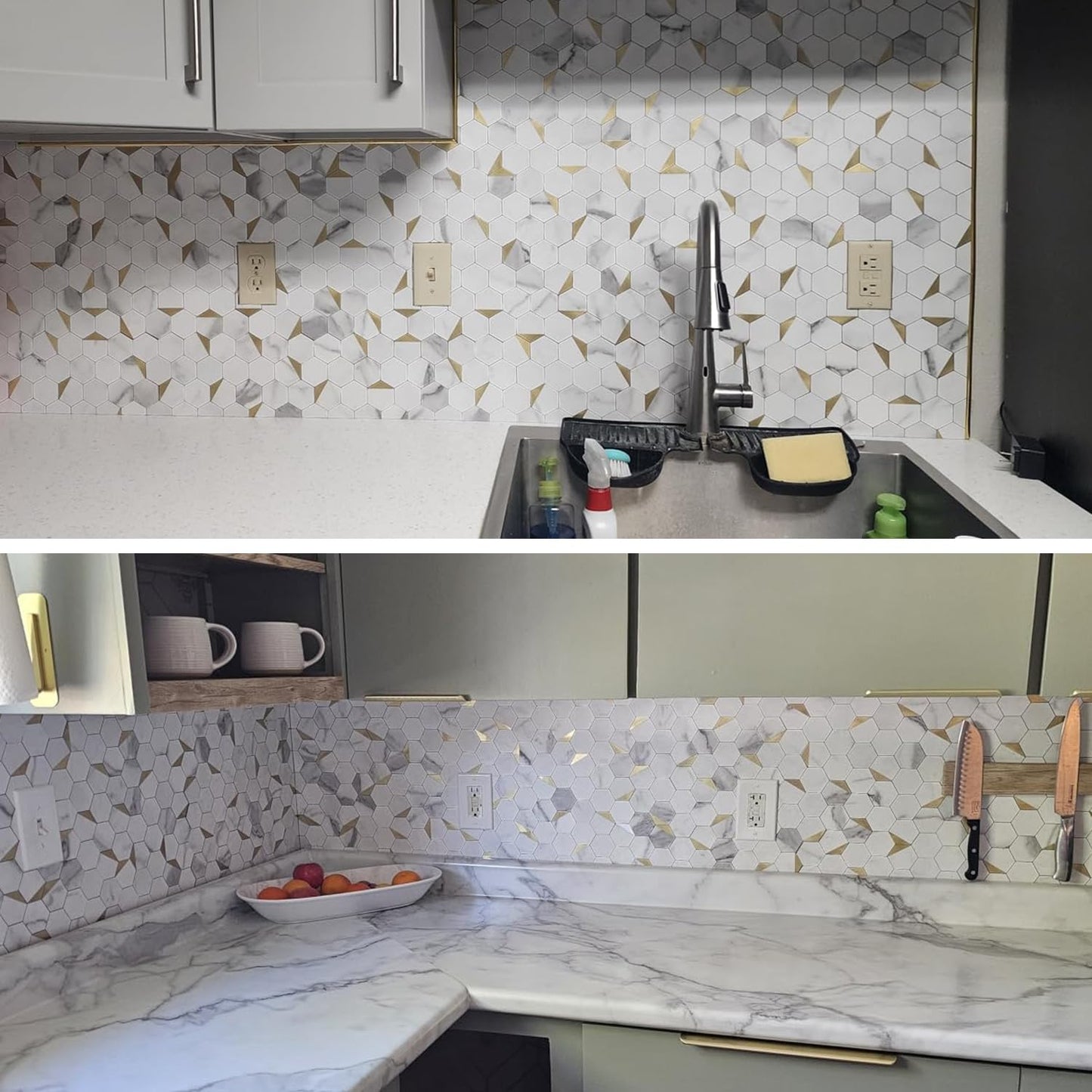 10-Sheet Heavy-Duty Hexagon Peel and Stick Backsplash, Thick Waterproof &Heat Resistant Stick on Wall Tiles, Slate Beige Mosaic for Kitchen & Bathroom, Strong Adhesive Permanent PVC Tiles