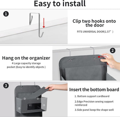 MAX Houser 4-Shelf Over The Door Hanging Organizer with 2 Metal Hooks, Gray | 4 Pocket Swing-proof Behind Door Organizers with Clear Windows for Bathroom Closet, Dorm