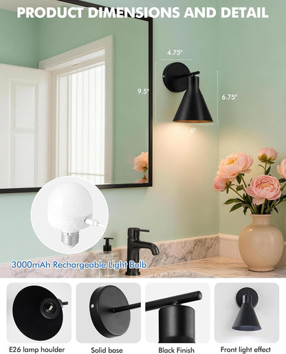 Modern Wireless Battery Operated Wall Sconces, Black Rechargeable Cordless LED Wall Lights Set of Two, Dimmable Battery Powered Wall Decor Lamp Fixture with Remote Control for Bedroom Indoor