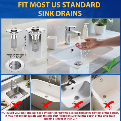 2PCS Bathroom Sink Stopper Strainer, Pop-Up Bathroom Sink Drain Strainer with Removable Stainless Steel Hair Catcher Basket, Universal Fit for US Bathroom Sinks, Bathtubs, Showers & Floor Drains