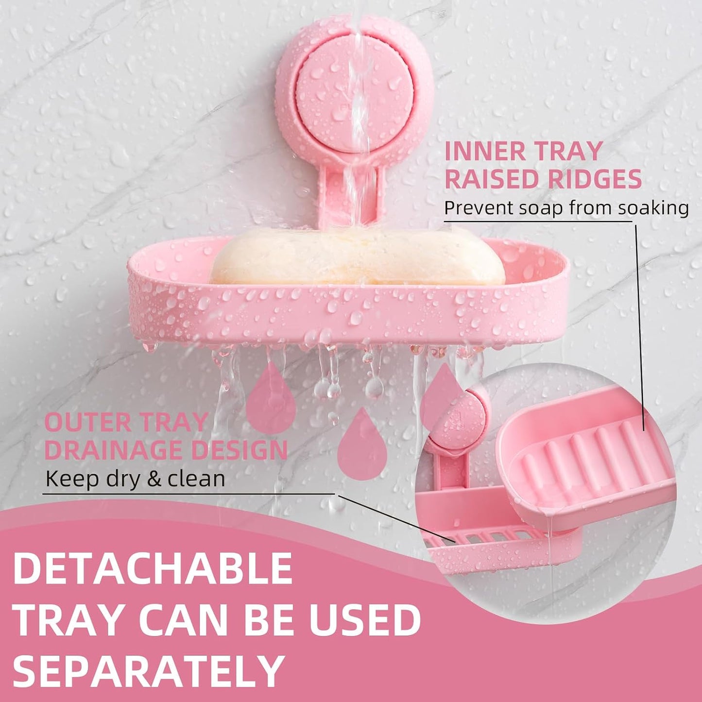 LEVERLOC Soap Dish Holder for Shower Suction Cup Wall Mounted Self Draining NO-Drilling Removable Bar Soap Sponge Holder for Bathroom Bathtub Kitchen Sink Waterproof Strong Vacuum Suction Adhesion