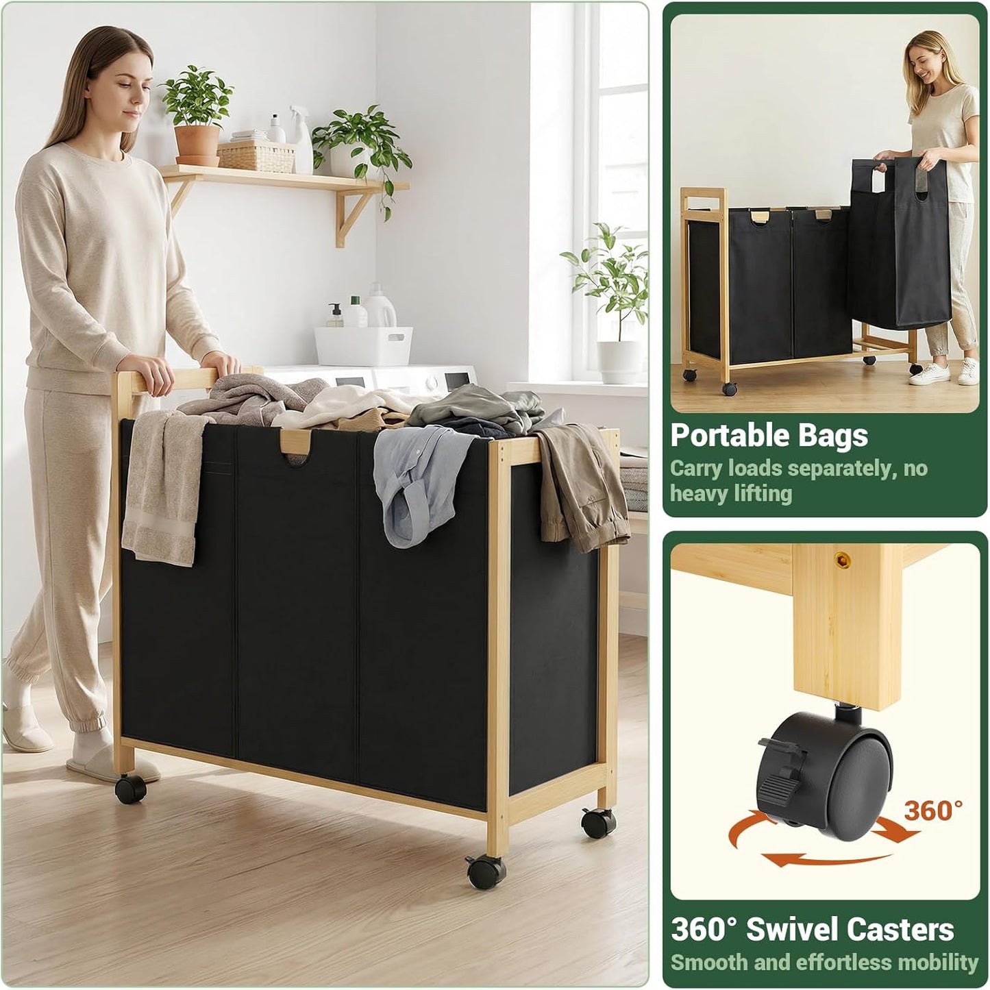 Homykic 250L Laundry Sorter Cart with Wheels, 3-Section Rolling Laundry Basket with Removable Bags, 66 Gal Large Laundry Hamper Organizer, Heavy Duty Bamboo Frame, Water-Resistant, Black