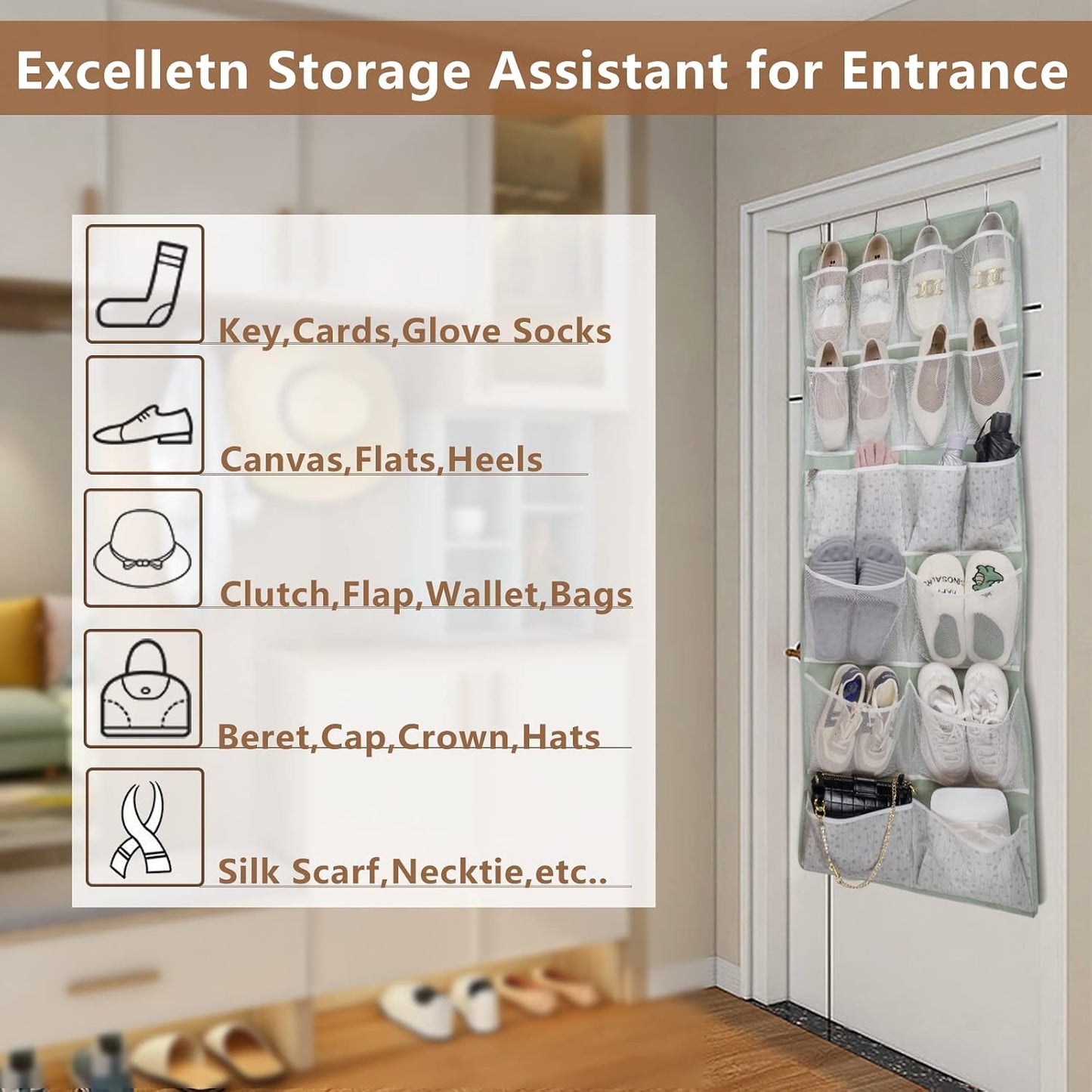 2 Pack- 12 Pocket Over Door Hanging Storage Organizer with 4 Kinds Pouch,Back of Closet Hanging Shelf Storage Organization for Sock,Hat,Underwear,Behind Door Caddy in Bedroom,Bathroom,Entrance,Dorm,RV
