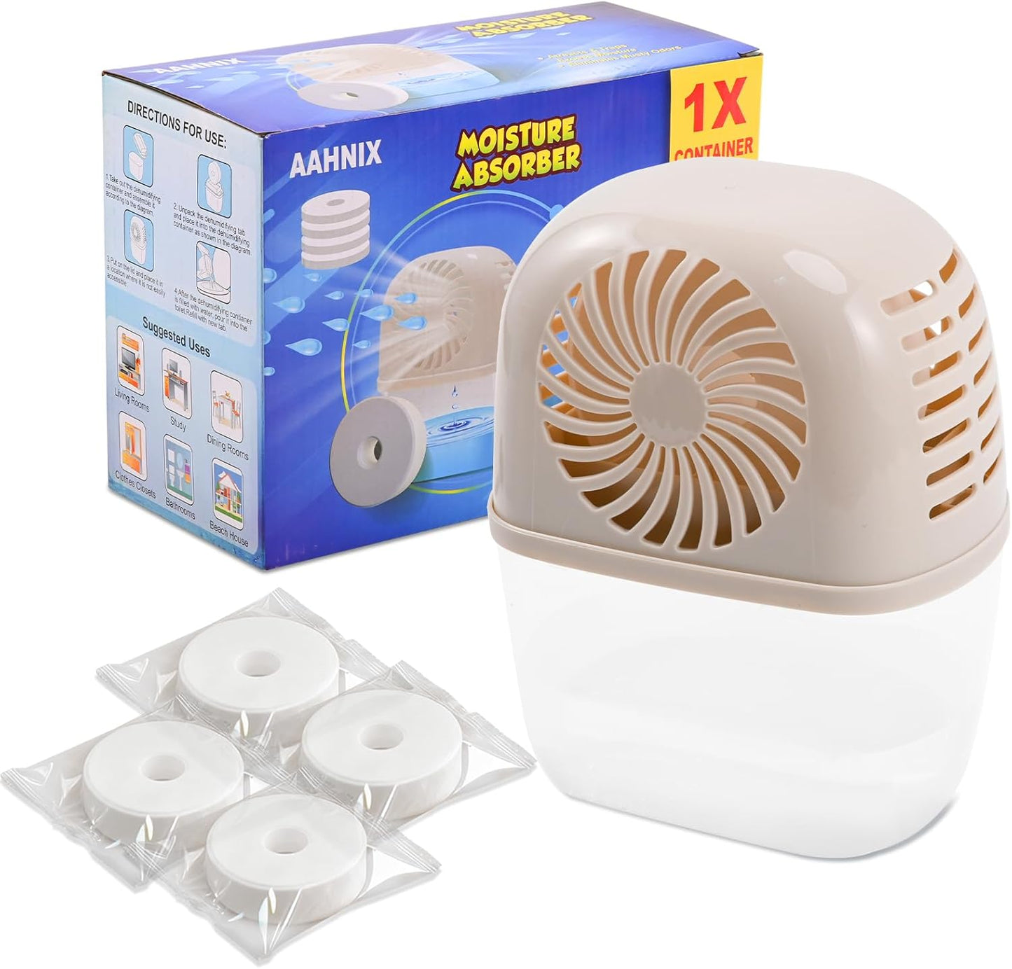 Moisture Absorber with 4 pack Moisture Absorber Refills Tablets, 15.9oz-7"H×5.5"W mini dehumidifier, Bathroom humidity absorber – Prevents Excess Moisture and Fragrance Free