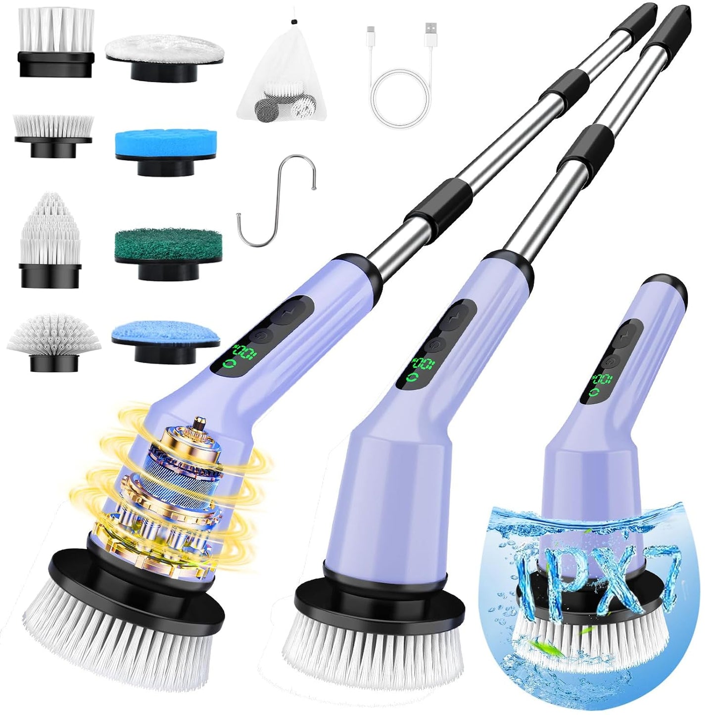 Shower Scrubber with Long Handle, Shower Cleaner Brush with 8 Floor Machine Pads, Cordless Electric Spin Scrubber for Cleaning with 2 Speed, Cleaning Supplies for Bathroom Bathtub Kitchen Floor Tile