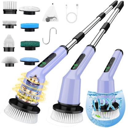 Shower Scrubber with Long Handle, Shower Cleaner Brush with 8 Floor Machine Pads, Cordless Electric Spin Scrubber for Cleaning with 2 Speed, Cleaning Supplies for Bathroom Bathtub Kitchen Floor Tile