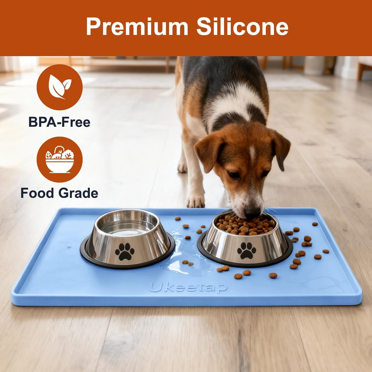 ukeetap Extra Thick Silicone Mat Waterproof with Raised Edge 19” x 12”, BPA Free Non-Slip Dog & Cat Food Mat, Feeding Mat for Food and Water Bowls, Spill Proof Mat to Protect Floors, Black