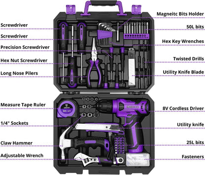 DEKOPRO Tool Set：Tool Kit with 8V Cordless Drill,Tool Box with Drill,Hand Drill Set for Men & Women,Home Tool Kits for House Repair,Handyman,DIY 126 Piece