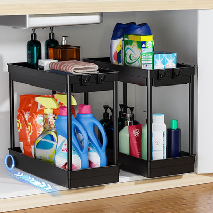 Cicilyna 2 Pack Under Sink Organizer, 2 Tier Bathroom Cabinet Organizers and Storage with Hook, Multi-purpose Storage Basket Shelf for Kitchen, Black