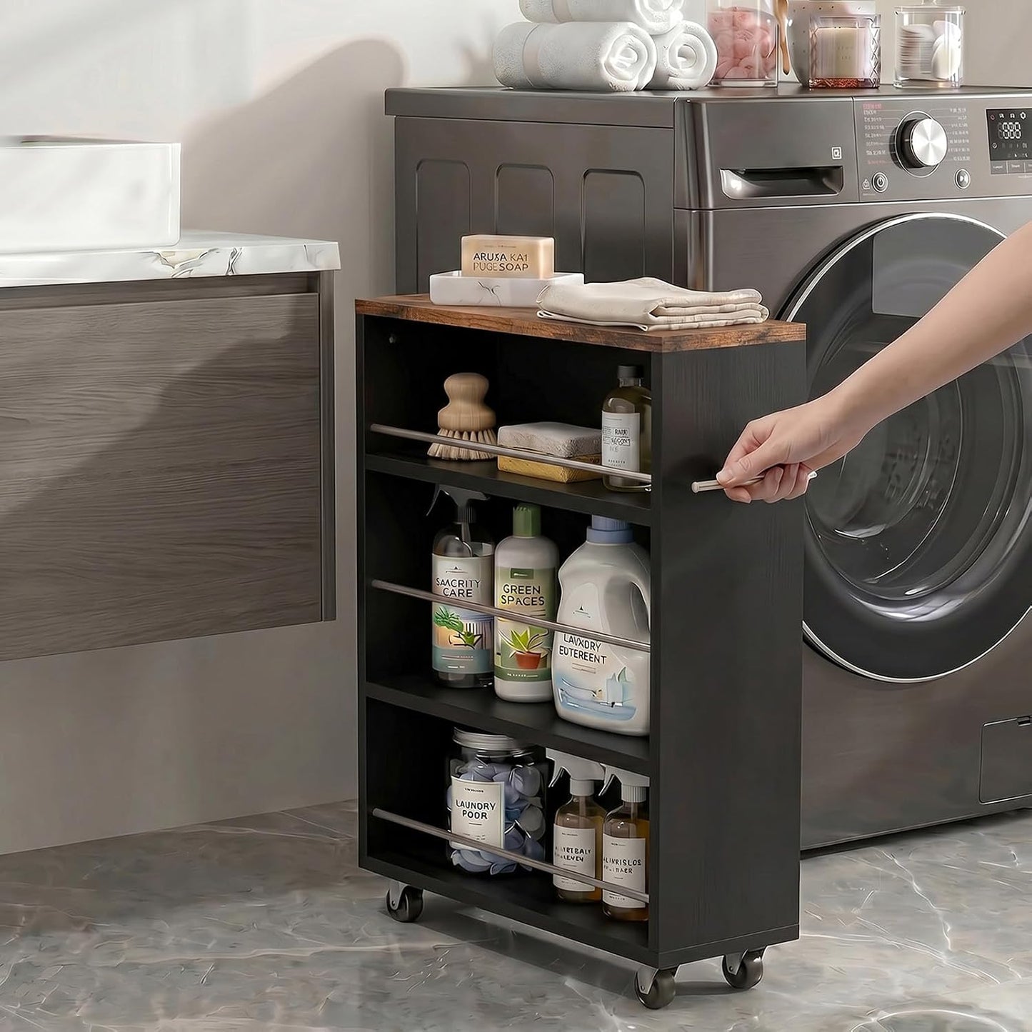 ALBAD Slim Rolling Cart,4-Tier Storage Cart with Wheels,7.9”W Slim Storage Carts with Handle for Kitchen Laundry Narrow Places Bathroom Dining Room Small Spaces