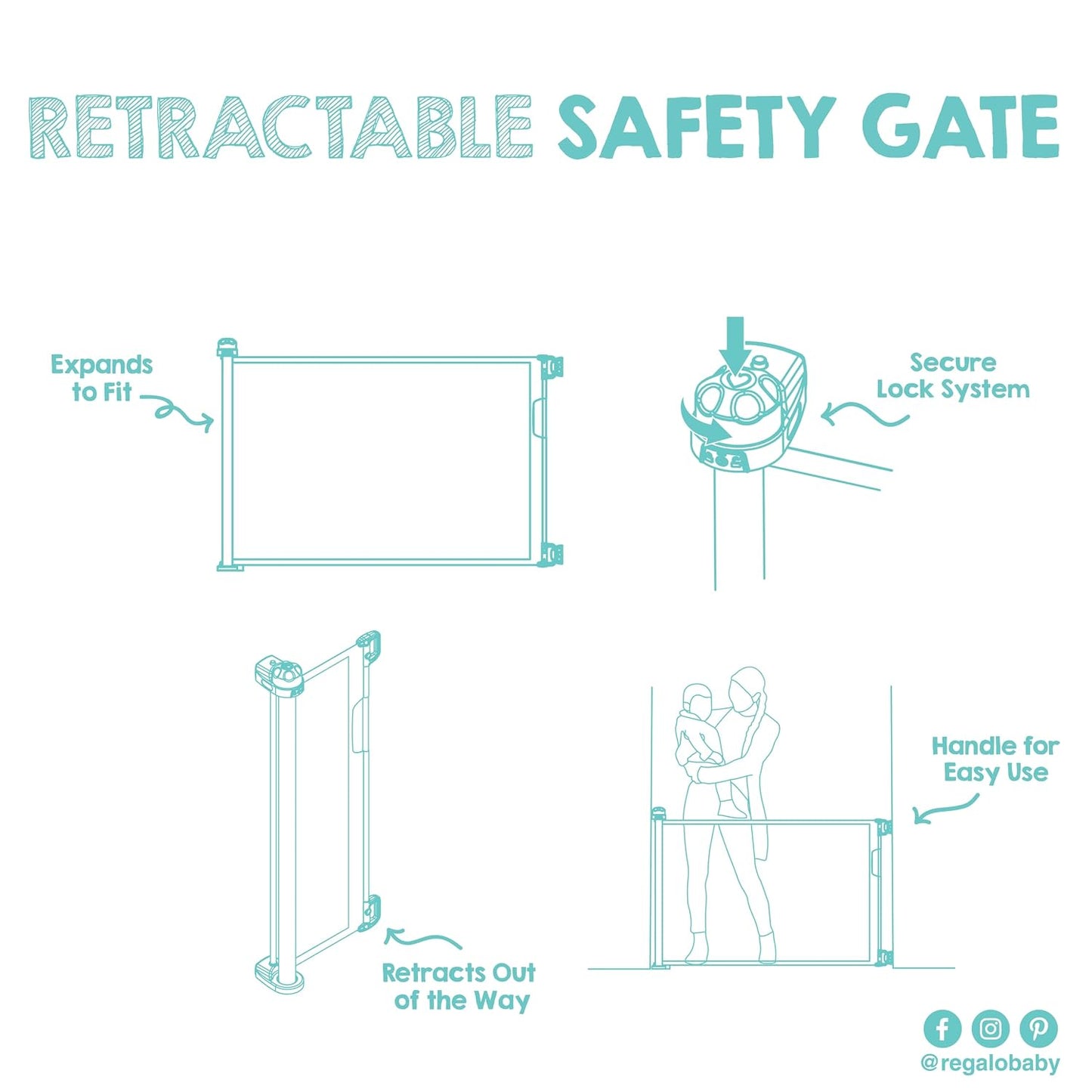 Regalo Safety 50" Extra Wide Retractable Baby Gate, Mesh Safety Gate for Doorways, Hallways & Bottom of Stairs, Hardware Mounted Gate for Babies, Toddlers & Pets, Lock Indicator Window, Gray