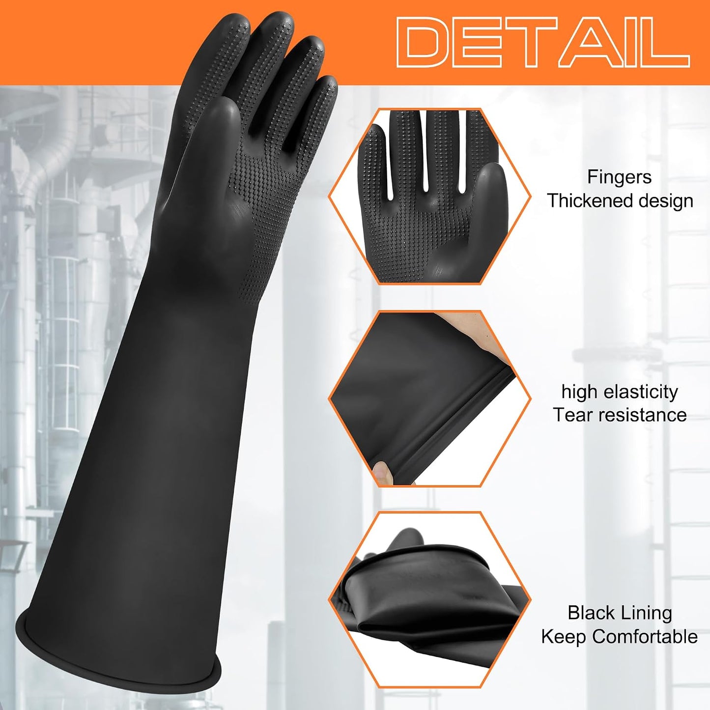24" Chemical Resistant Glove, Reusable Heavy Duty Long Rubber Gloves, Long Waterproof Dishwashing Gloves, Industrial Safety Gloves for Men