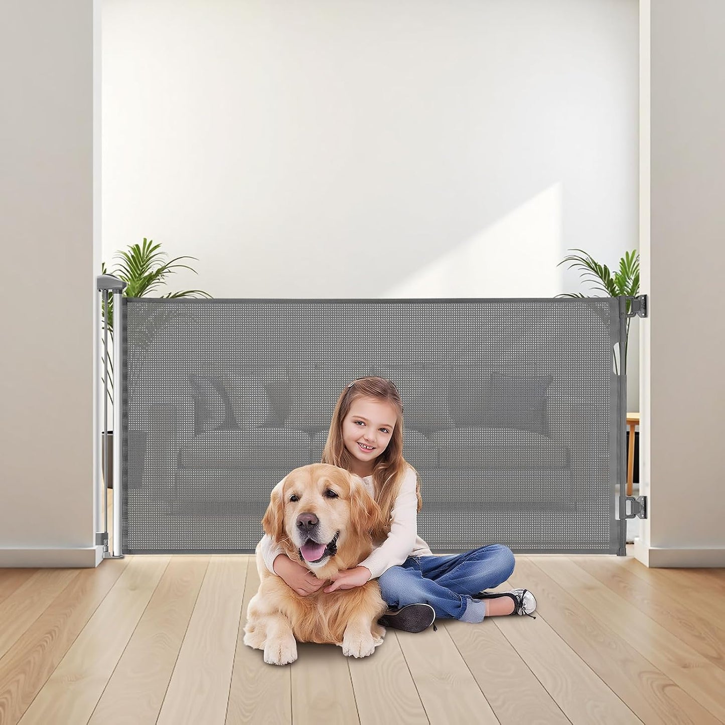 VEVOR Retractable Baby Gate, Extends to 202.7 inch Extra Wide, 39 inch Tall, with Reinforced Fiberglass Strips, Avoids Crawling Through, Mesh Dog Gate for Decks, Doorways, Garages, Indoor, Black