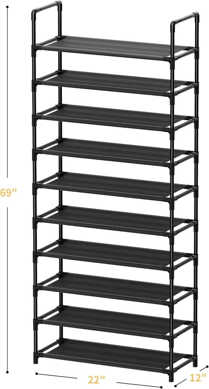 Shoe Rack, 10 Tier Shoe Storage Organizer with Hooks,Fit 40-45 Pairs Shoes,Metal Tall Shoe Shelf for Closet,Entryway, Hallway,Garage,Bedroom,Cloakroom