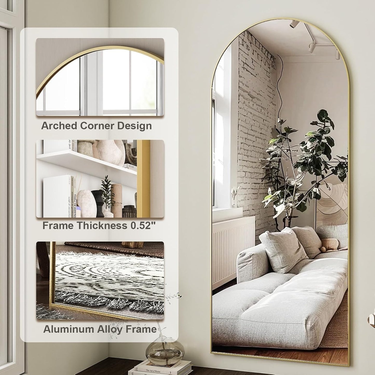 HARRITPURE 64"x21" Arched Full Length Mirror Free Standing Leaning Hanging Mounted Mirror Aluminum Frame Modern Simple Home Decor for Living Room Bedroom Cloakroom, Gold