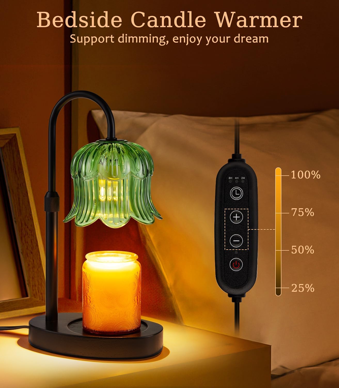 Candle Warmer Lamp with Timer - Electric Candles Wax Warmers Glass Lamps for Jar Candles Burner Adjustable Height and Dimmable Light Modern No Flame Scented Candle Warming Lantern, Amber
