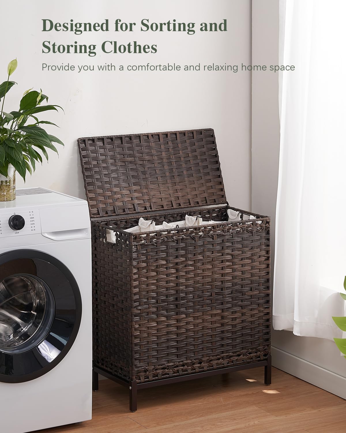 SETVSON Laundry Hamper with Lid 132 L, (35 Gallons) Clothes Hamper with Lid, Handwoven Rattan Laundry Hamper with Metal Heightened Feet, Laundry Hampers with 3 Removable Liner Bags for Laundry-Natural