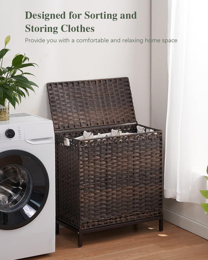SETVSON Laundry Hamper with Lid 132 L, (35 Gallons) Clothes Hamper with Lid, Handwoven Rattan Laundry Hamper with Metal Heightened Feet, Laundry Hampers with 3 Removable Liner Bags for Laundry-Natural