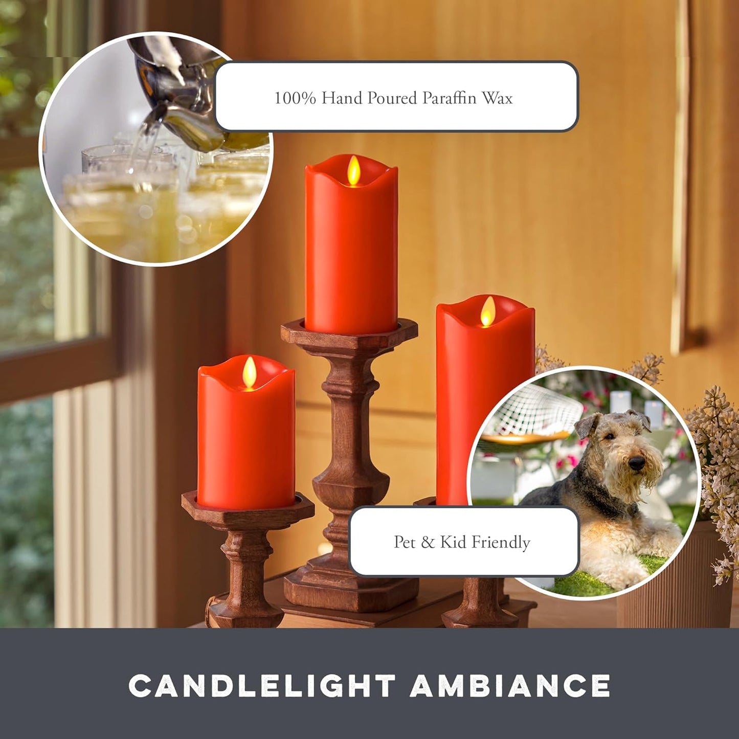 Matchless Candle Co. by Luminara Set of 3 Flameless LED Flickering Moving Flame Pillars (3" x 4.5", 5.5", 6.5"), Melted Unscented Real Wax Edge w/Smooth Finish, AA Battery Operated, Pearl Ivory