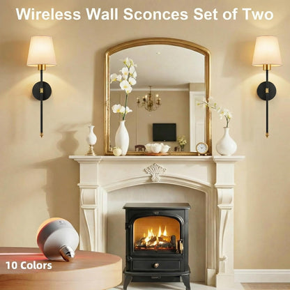IRONPAX Wall Sconces Battery Operated Set of 2, Wireless Rechargeable Wall Sconce Set of Two, Dimmable Wall Lights with Remote for Bedroom Living Room Hallway Decor (Gold, Fabric Shade)