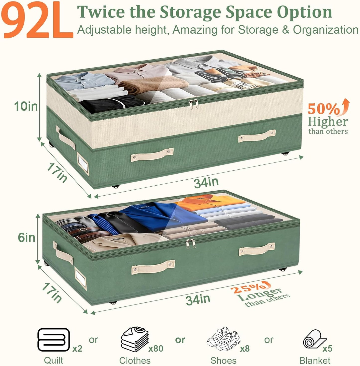 Dolicer 2 Pack Under Bed Storage with Wheels, 6in-10in Height Adjustable Underbed Storage Containers, 92L XXXL Under Bed Drawers Rolling Bin with Clear Lids for Dorm Shoes Clothes Organizers(Grey)