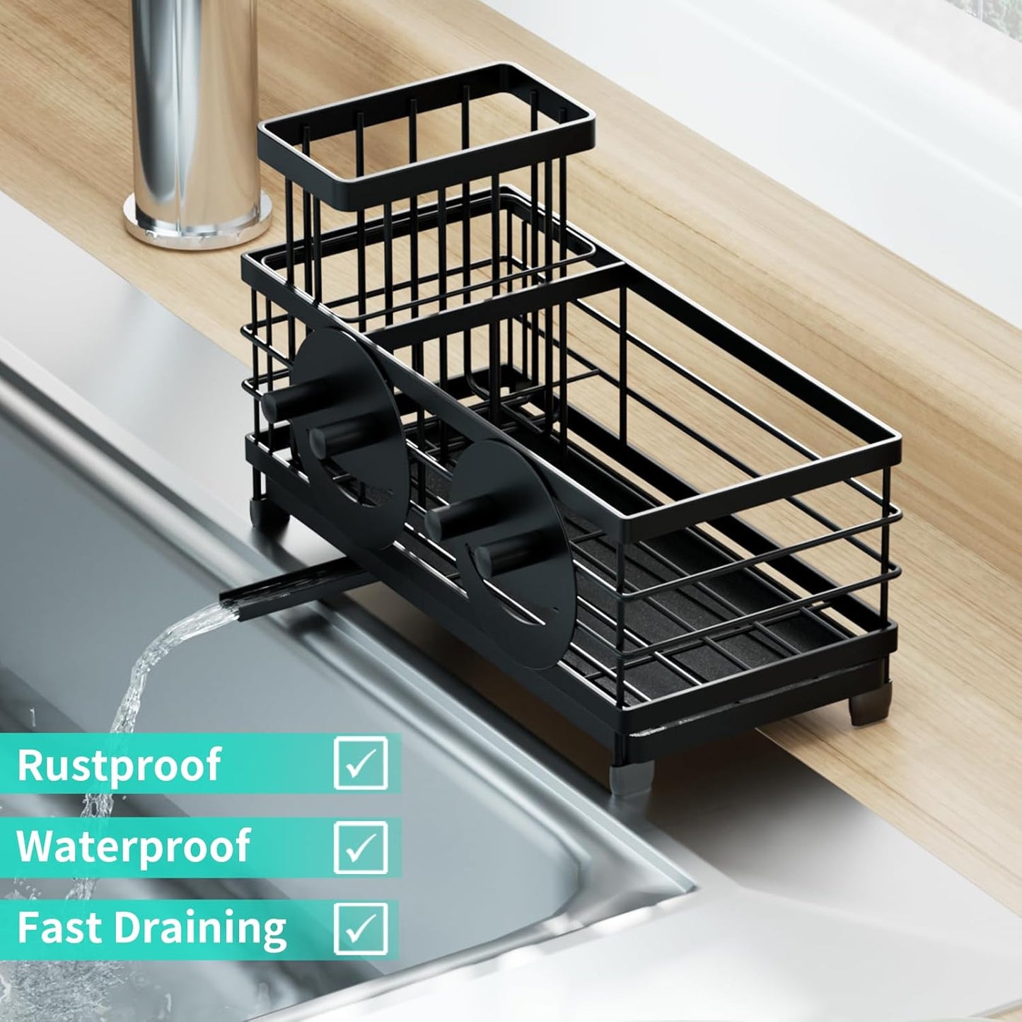 HapiRm Sponge Holder for Kitchen Sink - Self-draining Sink Caddy with Brush and Dishcloth Holders, Stainless Steel Kitchen Countertop Organizers and Storage Essentials - Black