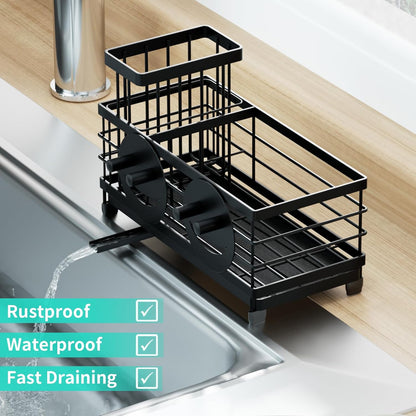 HapiRm Sponge Holder for Kitchen Sink - Self-draining Sink Caddy with Brush and Dishcloth Holders, Stainless Steel Kitchen Countertop Organizers and Storage Essentials - Black
