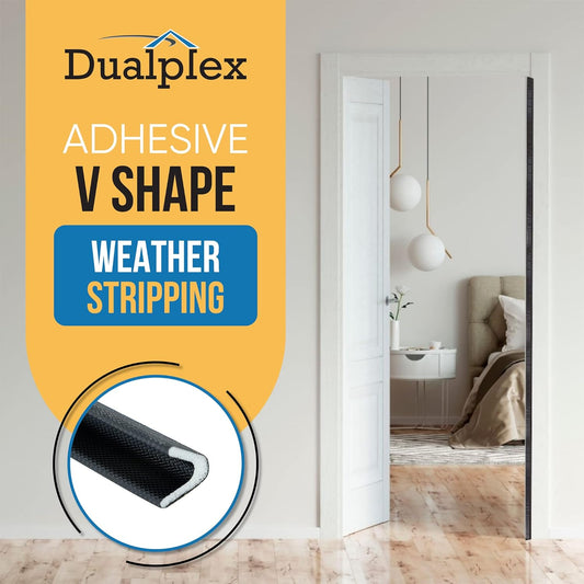 Adhesive V Shape Weatherstrip, Weather Stripping Door Seal Strip Foam Door Frame Insulation Side Jamb Bottom Groove Gap Filler Soundproof V Weatherstripping (Black, 1/2 in x 1/2 in x 26 Ft)