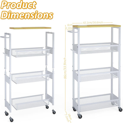 Vincona 7.1" Wide Slim Storage Cart on Wheels, 4 Tier Metal Narrow Rolling Cart with Handle and Wood Top, Multifunctional Small Mobile Shelf Unit Organizer Trolley for Laundry, Bathroom, Kitchen