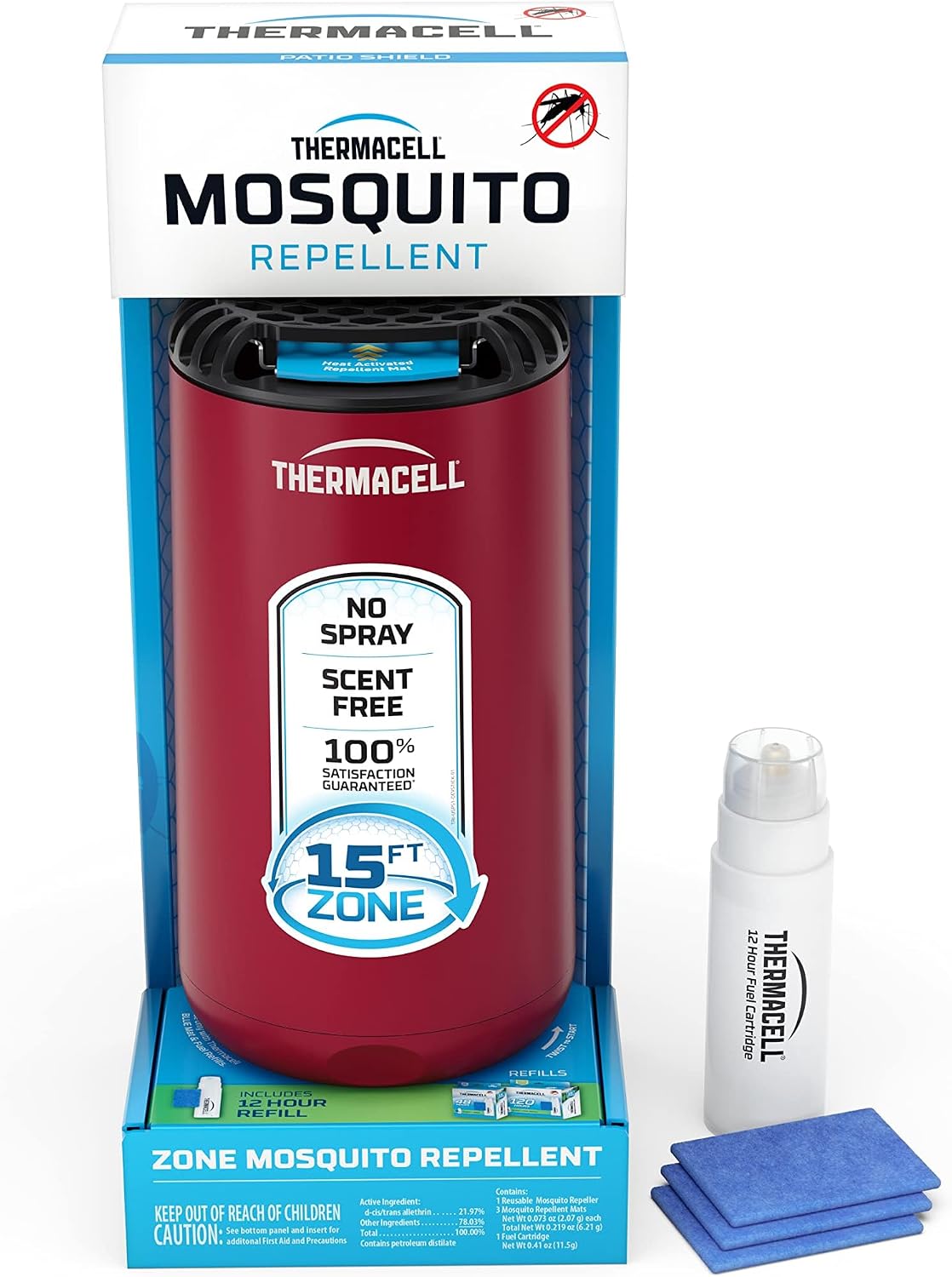 Thermacell Fuel-ZoneGuard Base Fuel Powered Mosquito Repeller; 15-Foot Zone of Scientifically Proven Outdoor Protection; Patio Shield; 12-Hr Refill; DEET-Free; Bug Spray Alternative; Glacial Blue