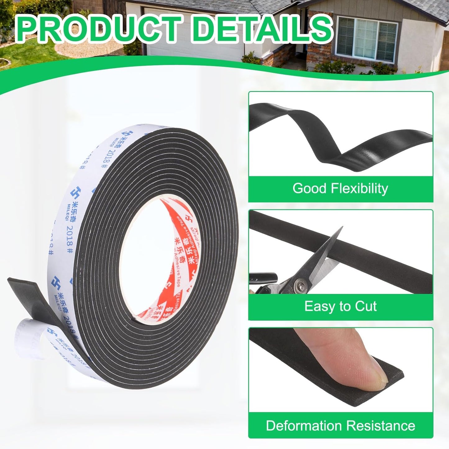 PATIKIL Sponge Rubber Foam Tape, 5/8" W x 1/8" t x 16.4ft l Self-Adhesive Foam Insulation Tape Weather Stripping for Window Door Soundproofing Weatherstrip AC Seal Strip, Black