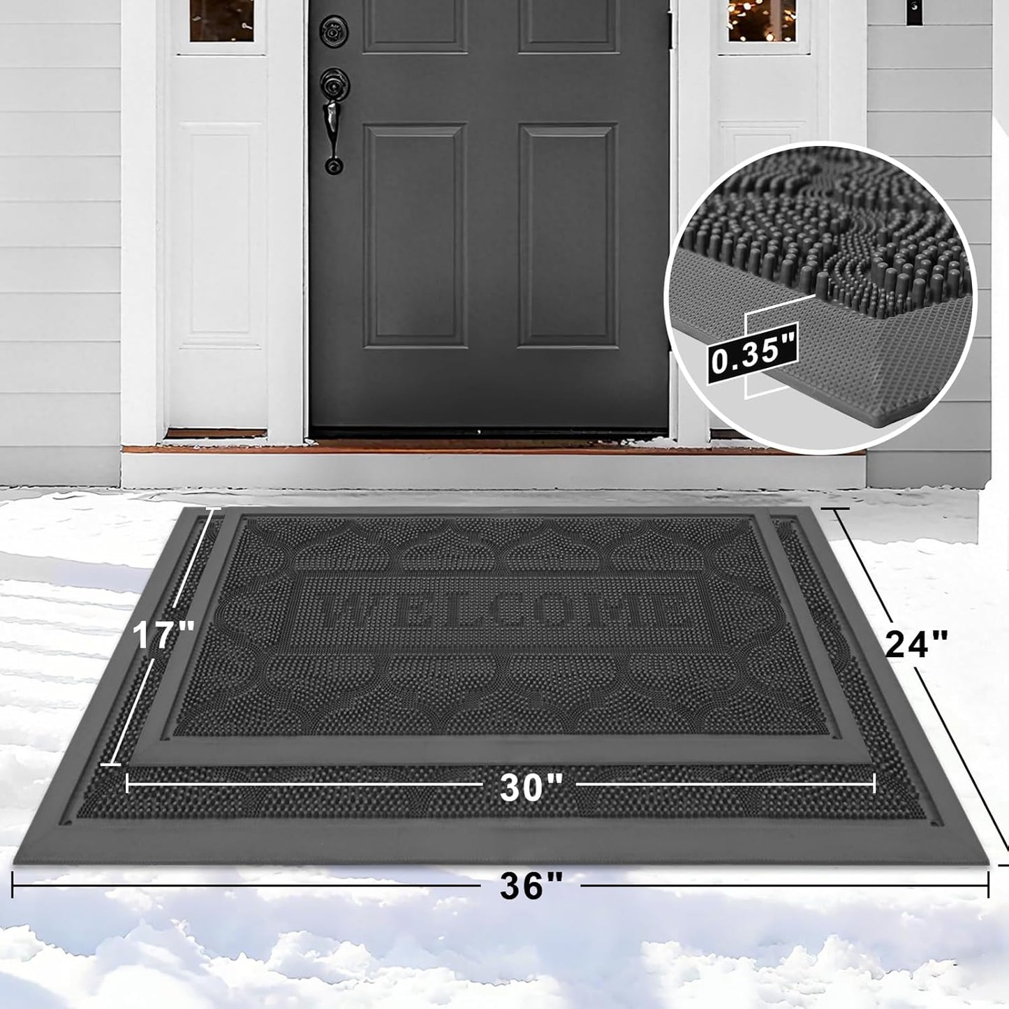 FRAMICS Front Door Mat Outside Entrance, Heavy Duty Rubber Door Mats Outdoor Welcome Mat Waterproof Doormat Non Slip for Entryway Doormats Dirt Trapper Indoor Mats All Seasons, 17 x 30 Inches, Black