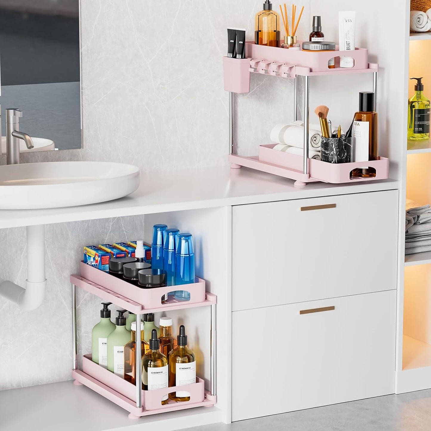 VERIFOST 2 Pack Under Sink Organizers and Storage, Double Sliding Kitchen Cabinet Organizer, 2 Tier Height Adjustable Countertop Organizer for Kitchen Bathroom Laundry, White
