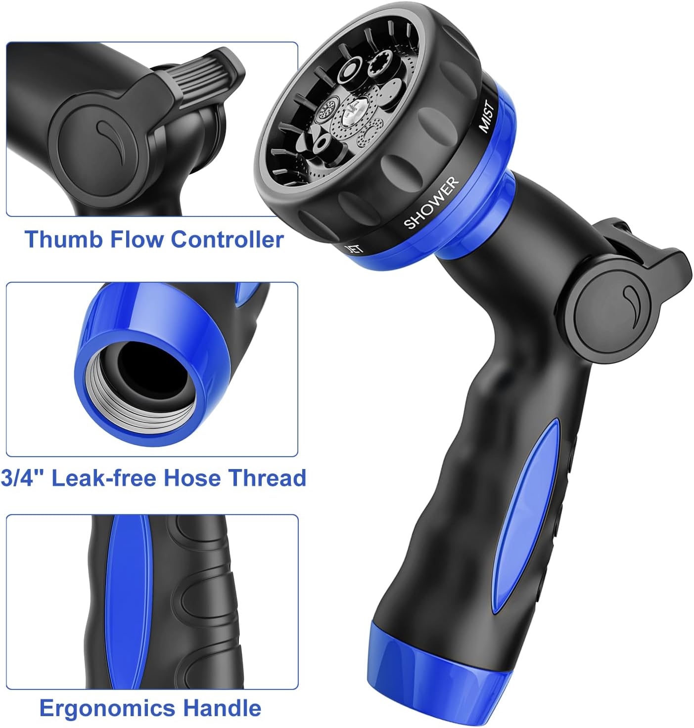 HOSUN Heavy Duty Garden Hose Nozzle, Adjustable Metal Water Sprayer with 7 Spray Patterns, Leak-Proof Thumb Control, High Pressure Hose End for Lawn Watering, Car Wash, Pet Cleaning, Blue