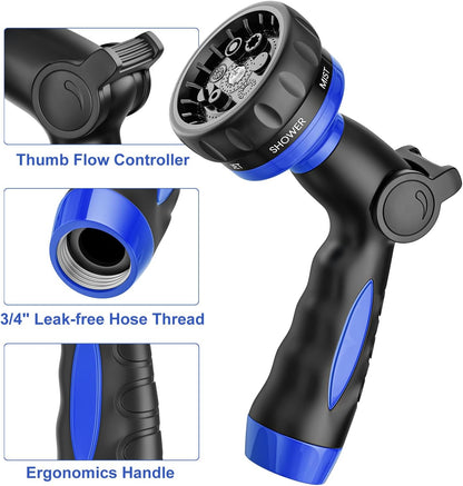 HOSUN Heavy Duty Garden Hose Nozzle, Adjustable Metal Water Sprayer with 7 Spray Patterns, Leak-Proof Thumb Control, High Pressure Hose End for Lawn Watering, Car Wash, Pet Cleaning, Blue