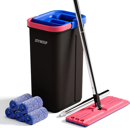JOYMOOP Mop and Bucket Set, Flat Mops for Floor & Wall Cleaning, Commercial & Household Use, Hardwood Floor Mop with Long Handle & 4 Microfiber Pads
