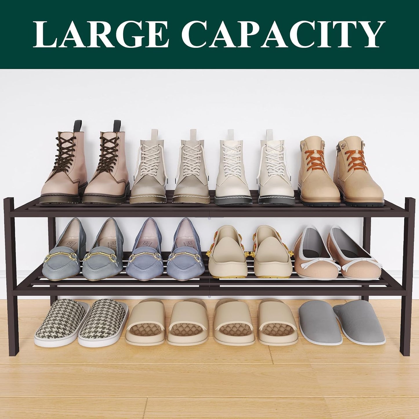 Smiry Bamboo Shoe Rack, 3 Tier Free Standing Wooden Shoe Organizer, Stackable Wood Shoe Storage Shelf for Closet, Entryway, 5 Horizontal Slats, 26.8"x11"x18.3", Natural