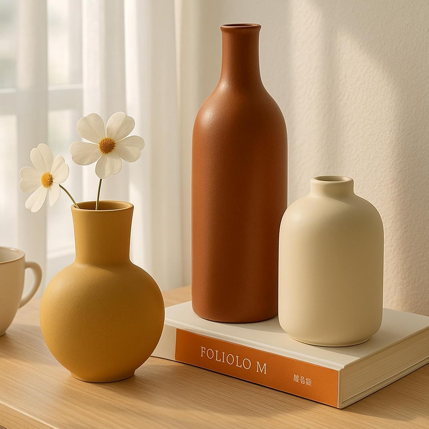 Ceramic Vase, Flower Vases Set of 3 Living Room Decor, Farmhouse Decor, Decorative Vase for Home Coffee Table, Book Shelf, Kitchen, Bedroom Centerpiece Table Decorations
