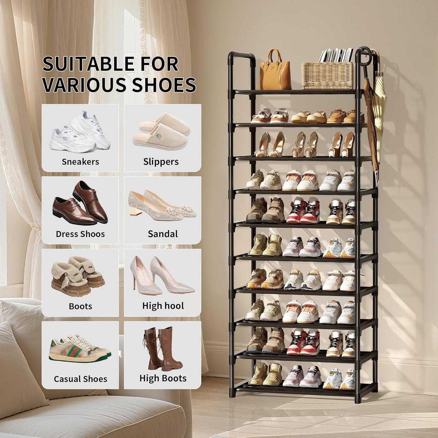 Shoe Rack, 10 Tier Shoe Storage Organizer with Hooks,Fit 40-45 Pairs Shoes,Metal Tall Shoe Shelf for Closet,Entryway, Hallway,Garage,Bedroom,Cloakroom