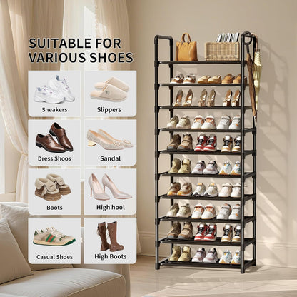 Shoe Rack, 10 Tier Shoe Storage Organizer with Hooks,Fit 40-45 Pairs Shoes,Metal Tall Shoe Shelf for Closet,Entryway, Hallway,Garage,Bedroom,Cloakroom