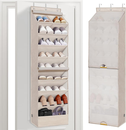 STORAGE MANIAC Over the Door Shoe Organizer with Curtain Dustproof Heavy-Duty Large Deep Pocket Hanging Shoe Organizer for Closet Dorm & Narrow Door Storage Shoe Holder Shoe Rack, 9-Shelf Beige 1 Pack