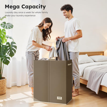 SOLEDI Luxury Double Laundry Hamper with Lid and Removable Bags, 38.3 Gal Large Laundry Bin, Laundry Basket 2 Sections, Collapsible Clothes Hamper for Bedroom, Laundry Room, Bathroom, Off-white