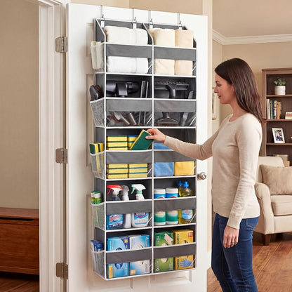 Over The Door Organizer, 5-Tier Extra Large Behind Door Storage with 10 Big Front & 10 Mesh Pockets, 80lb Capacity, Hanging Storage Organizer with Clear Window Kids Toys, Shoes, Diapers, Light Grey