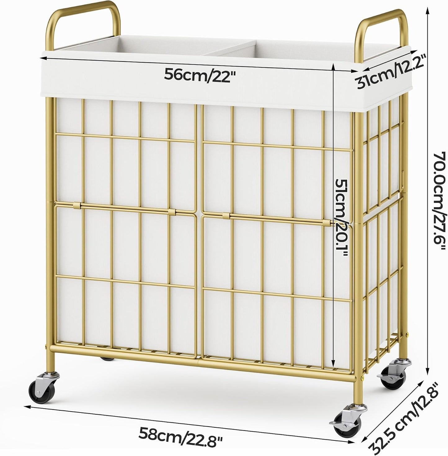 2 Section Laundry Hamper with Wheels and Brake, 100L Laundry Sorter Cart with 2 Removable Liner Bags, Metal Handle, Rolling Laundry Basket for Bedroom Laundry Room