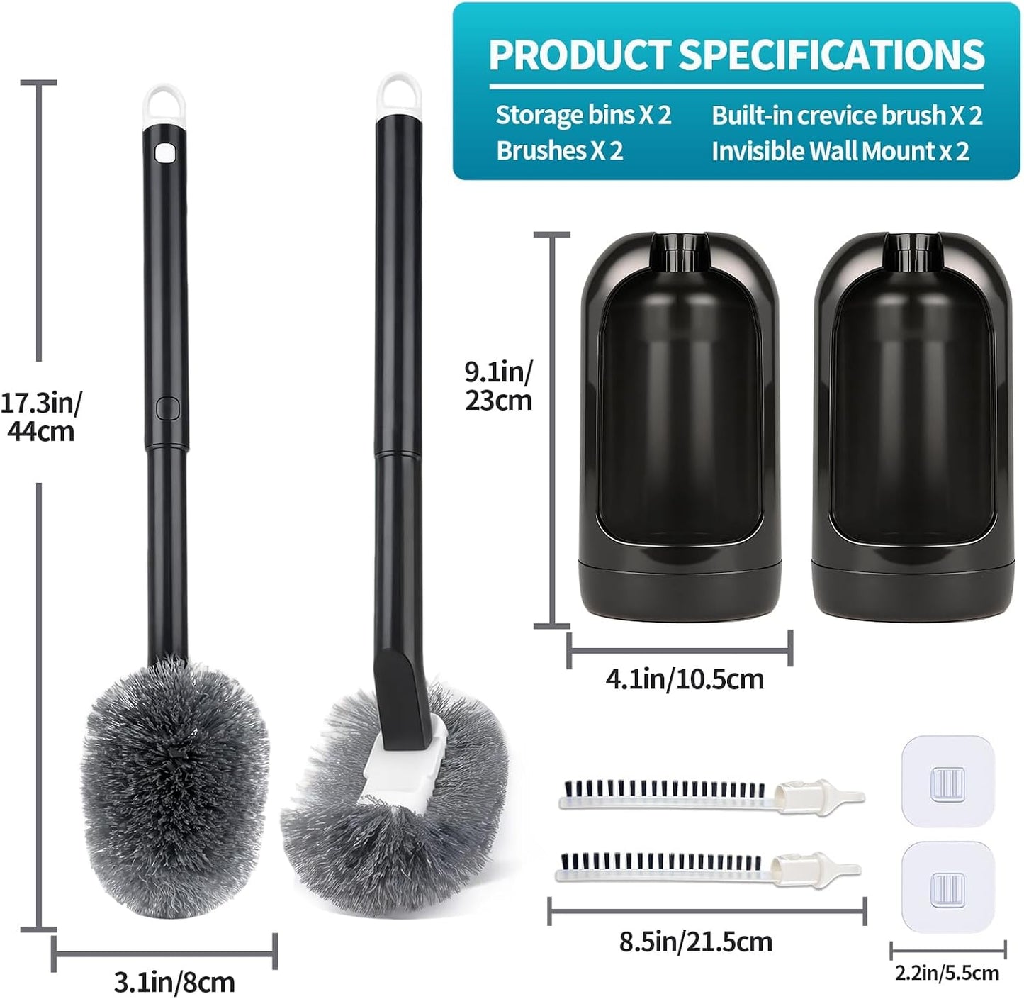 Toilet Brush and Holder Set, Curved Angled Toilet Bowl Cleaner Brush with Under Rim Cleaning, Wall-Mounted Toilet Scrubber & Bathroom Deep Cleaning Supplies Kit（Crevice Brush Included） Black(2-Pack)