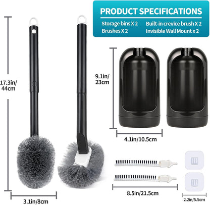 Toilet Brush and Holder Set, Curved Angled Toilet Bowl Cleaner Brush with Under Rim Cleaning, Wall-Mounted Toilet Scrubber & Bathroom Deep Cleaning Supplies Kit（Crevice Brush Included） Black(2-Pack)