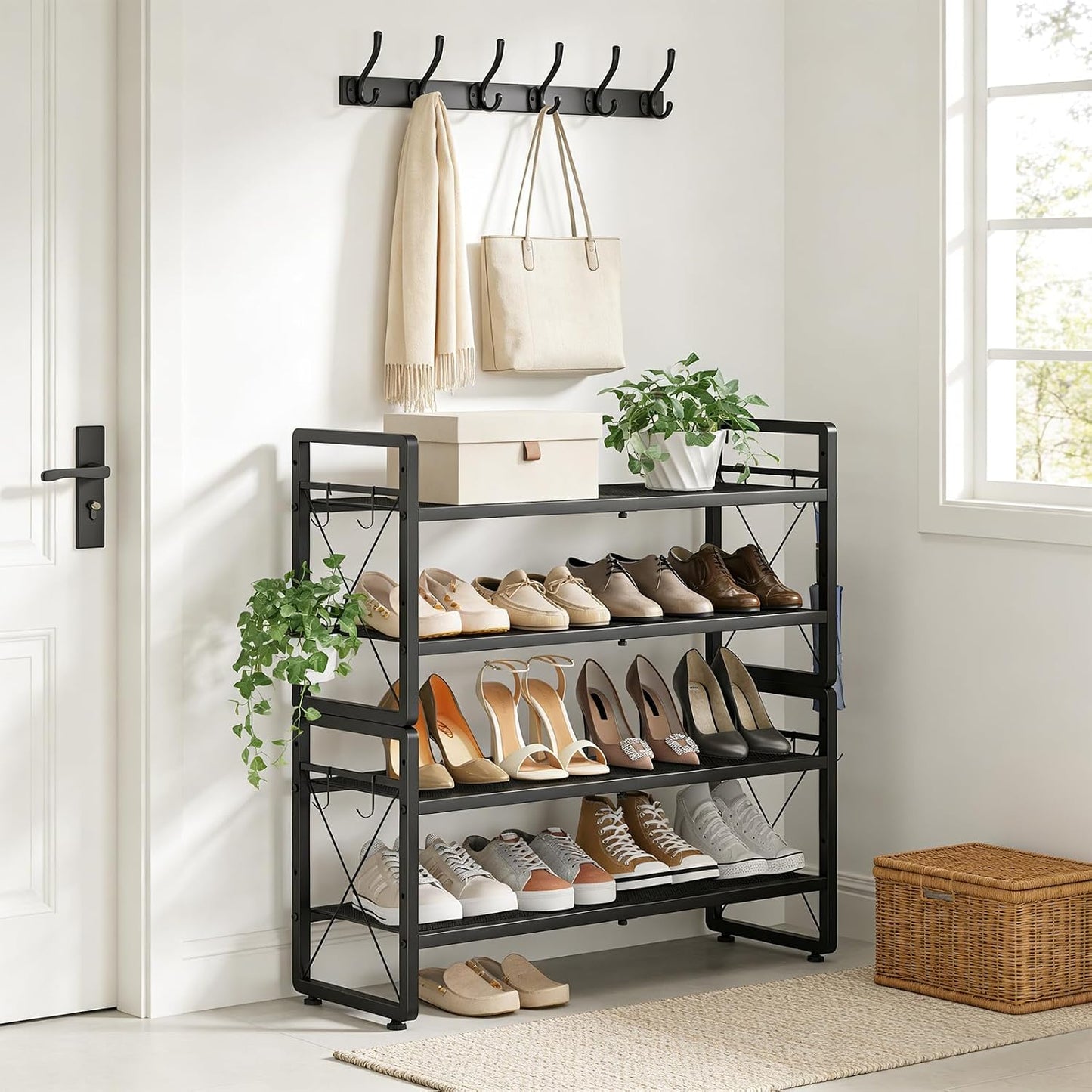 ELYKEN Shoe Rack, 2-Tier Expandable Shoe Organizer for Closet, Metal Black Shoe Shelf with 4 Hooks, Adjustable Shoe Stand Holder for Entryway, Garage, Door Entrance
