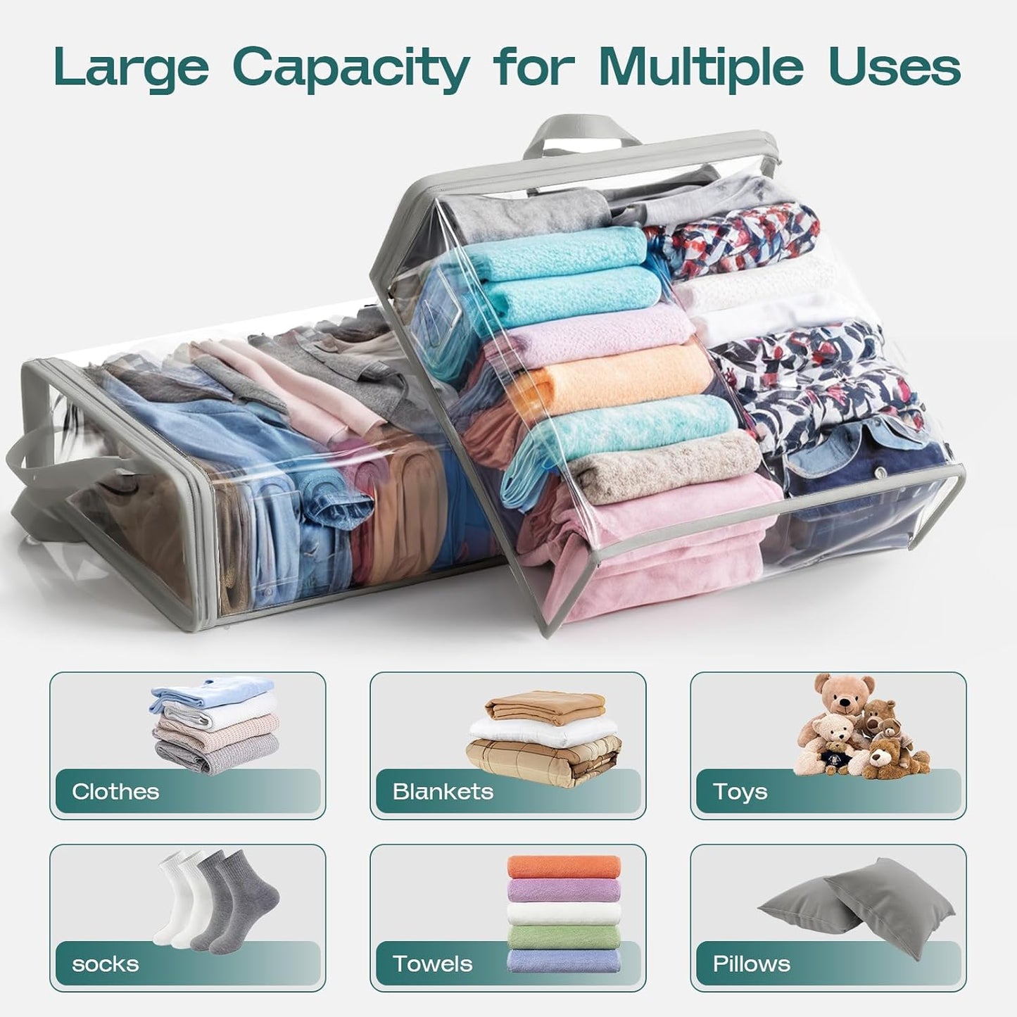 5PACK Clear Zippered Storage Bag for Clothes, 22L Clear Storage Bags, and Blanket Storage Bags for Bedding, Blankets, Comforters, Clothing, Books, DVD & CD (White)