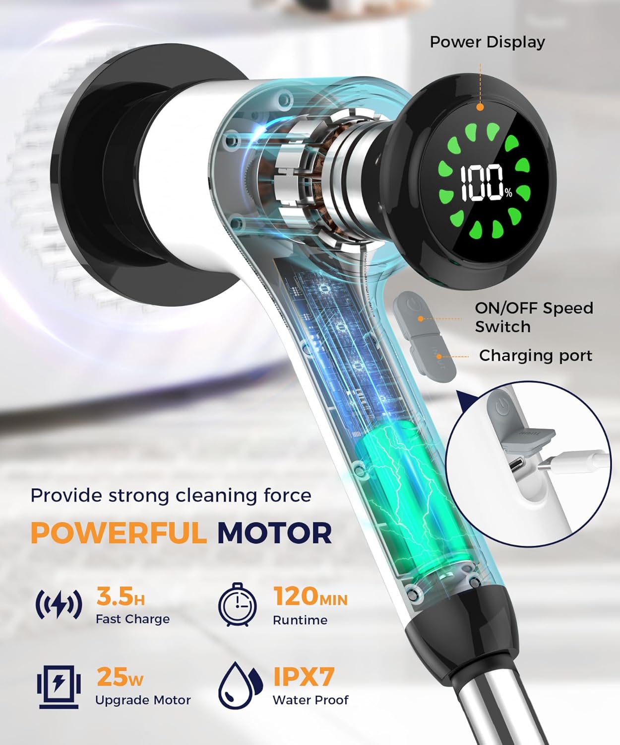 Electric Spin Scrubber, Cordless Floor Scrubber Machine with Interchangeable Cleaning Pads, IPX7 Waterproof 2-Speed Cleaning Pads for Bathroom, Kitchen, Tile, Tub and Floor Cleaning, White-qb2