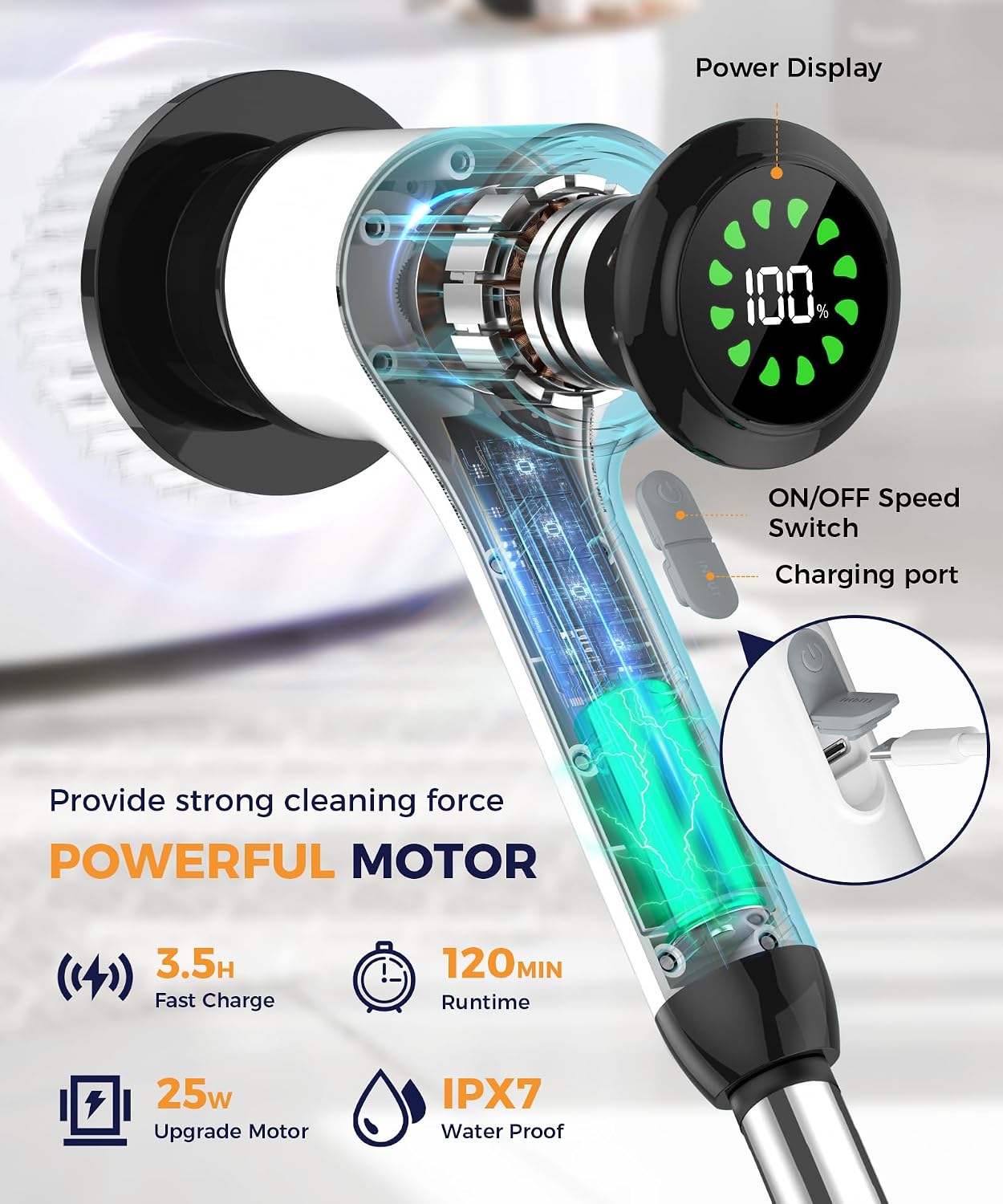 6-in-1 Cordless Electric Spin Scrubber with Long Handle | Power scrubber, bathroom scrubber, 47.2 in long handle, 2 speed scrub brush, IPX7 rated body, kitchen, tile, tub, floor